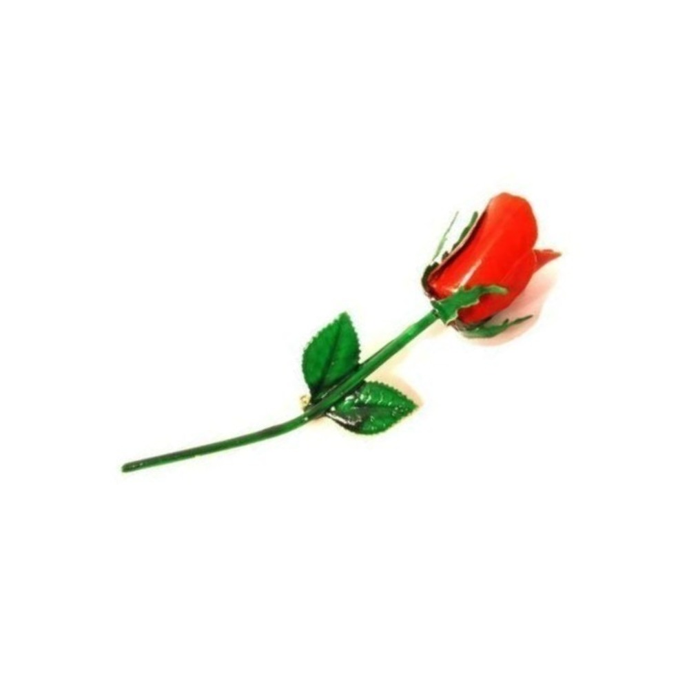 Large 4.5" Vintage Floral Red ROSE Green Enamel Gold Flower Brooch Pin